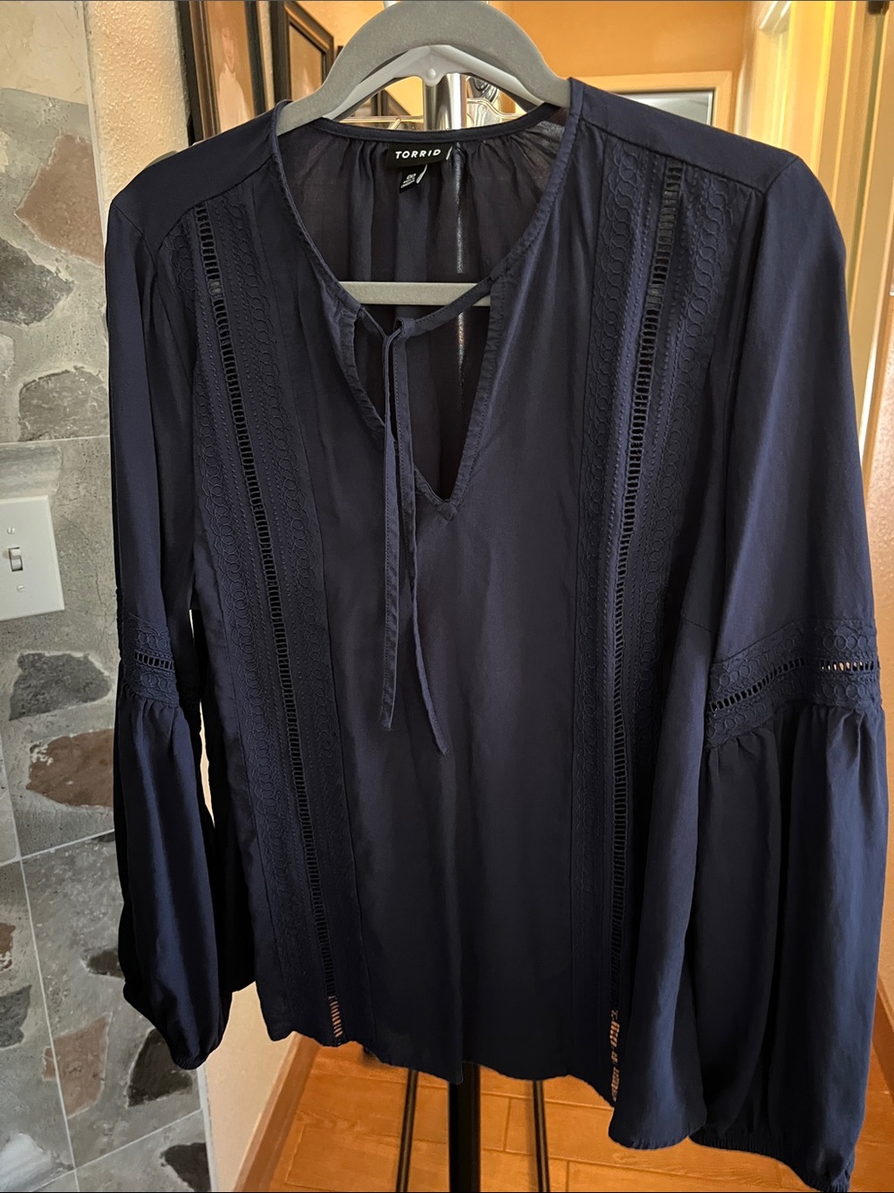 torrid navy lace-trim peasant tunic blouse